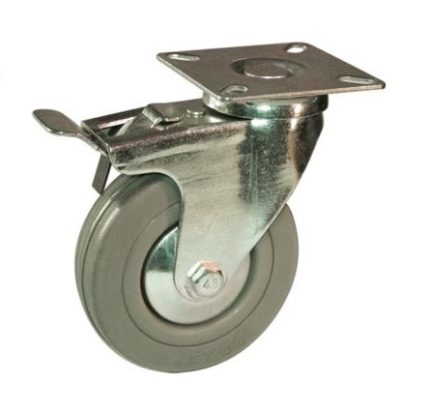 rueda de goma gris con base giratoria y freno
